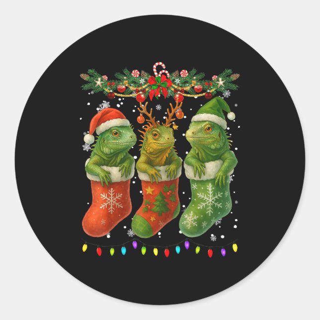 Iguanas In Christmas Socks Lights Iguanas Xmas  Classic Round Sticker (Front)