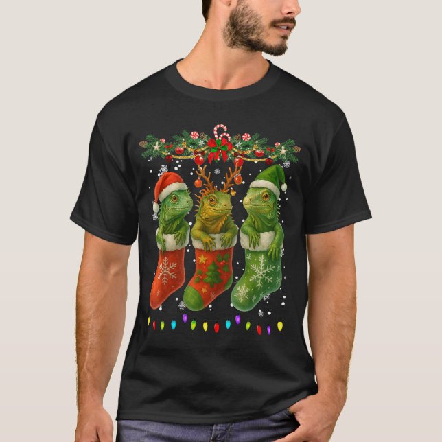 Iguanas In Christmas Socks Lights Iguanas Xmas  T-Shirt (Front)