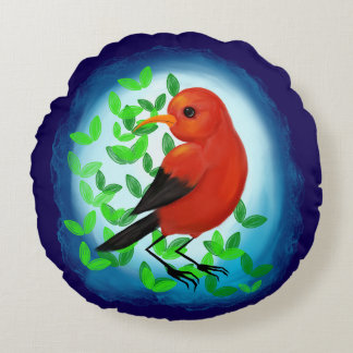'I'iwi with leaves Round Cushion