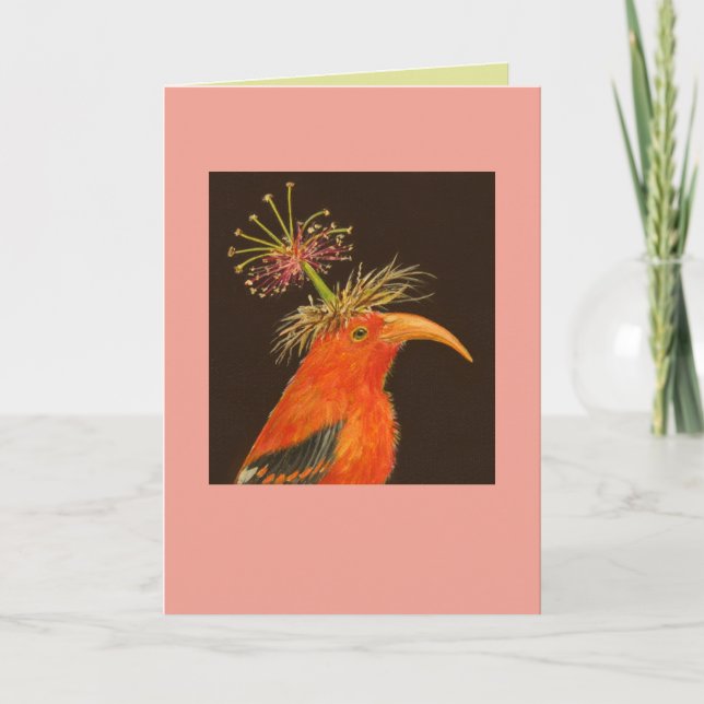 I'iwi with stamen hat card (Front)