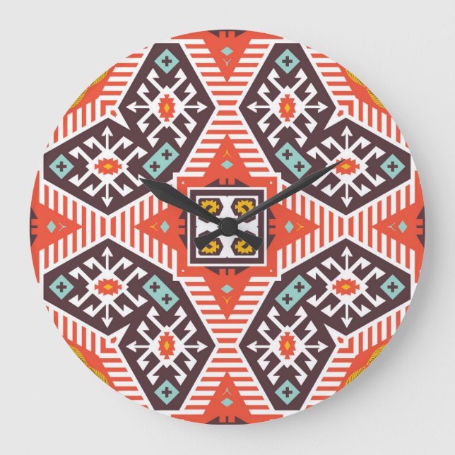 Ikat Aztec: Ethnic Striped Texture Large Clock (Front)