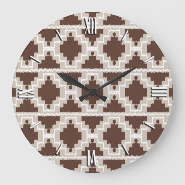 Ikat Aztec Pattern - Chocolate Brown and Taupe Large Clock (Front)