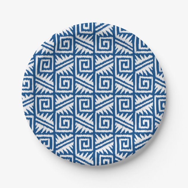 Ikat Aztec Pattern - Cobalt Blue and White Paper Plate (Front)