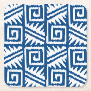 Ikat Aztec Pattern - Cobalt Blue and White Square Paper Coaster