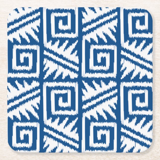 Ikat Aztec Pattern - Cobalt Blue and White Square Paper Coaster (Front)