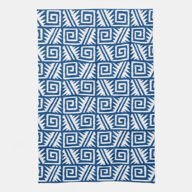 Ikat Aztec Pattern - Cobalt Blue and White Tea Towel (Vertical)