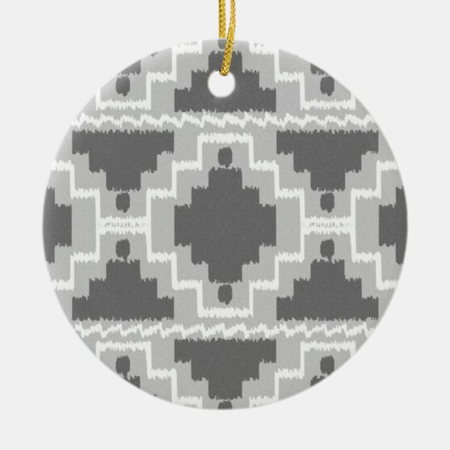 Ikat Aztec Pattern - Dark and light Grey / Grey Ceramic Tree Decoration (Front)