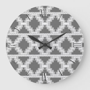 Ikat Aztec Pattern - Dark and light Grey / Grey Large Clock