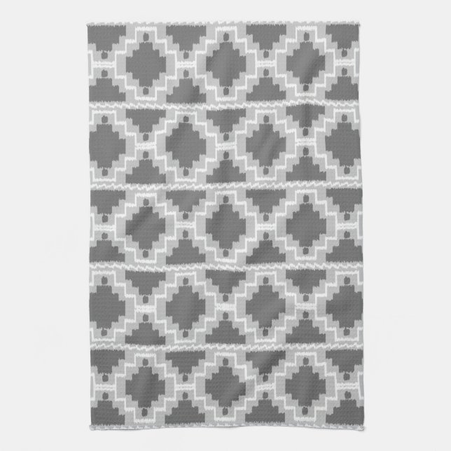 Ikat Aztec Pattern - Dark and light Grey / Grey Tea Towel (Vertical)