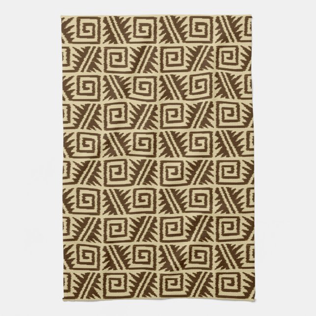 Ikat Aztec Pattern - Dark Brown and Tan Tea Towel (Vertical)