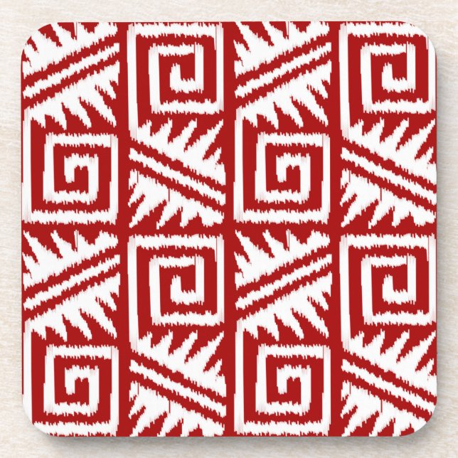 Ikat Aztec Pattern - Dark Red and White Coaster (Front)