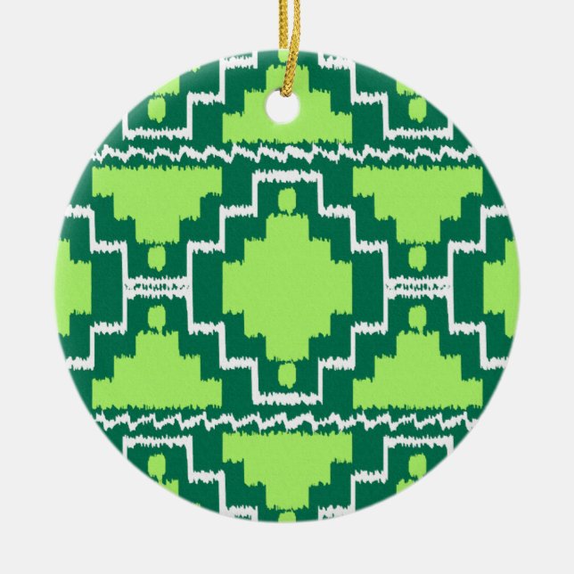 Ikat Aztec Pattern - Forest and Lime Green Ceramic Tree Decoration (Front)