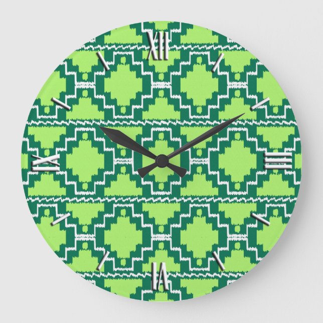 Ikat Aztec Pattern - Forest and Lime Green Large Clock (Front)