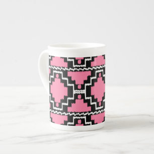 Ikat Aztec Pattern - Fuchsia Pink, Black and White Bone China Mug