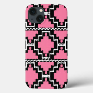 Ikat Aztec Pattern - Fuchsia Pink, Black and White iPhone 13 Case