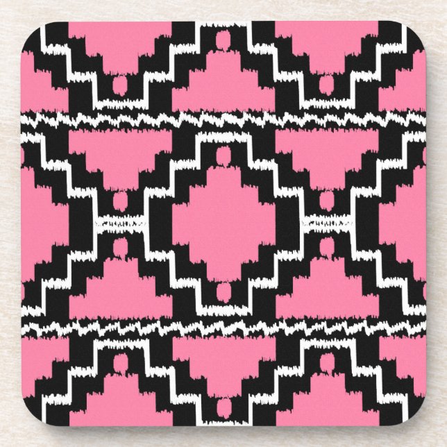 Ikat Aztec Pattern - Fuchsia Pink, Black and White Coaster (Front)