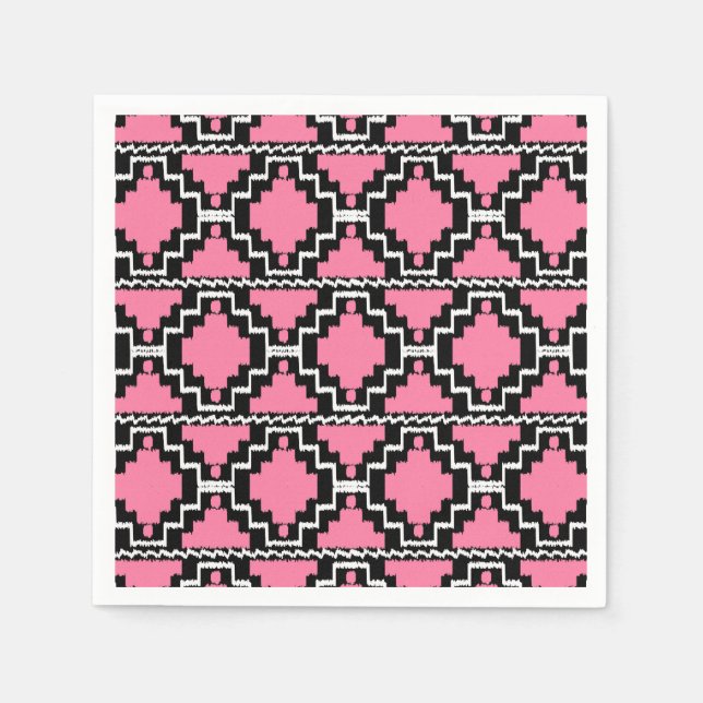 Ikat Aztec Pattern - Fuchsia Pink, Black and White Napkin (Front)