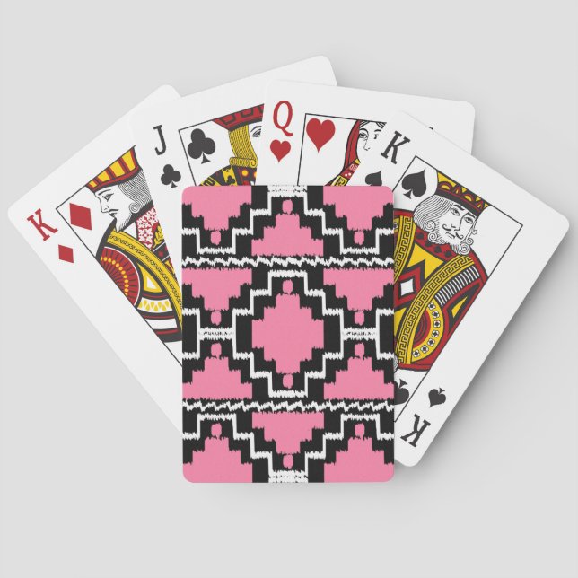 Ikat Aztec Pattern - Fuchsia Pink, Black and White Playing Cards (Back)