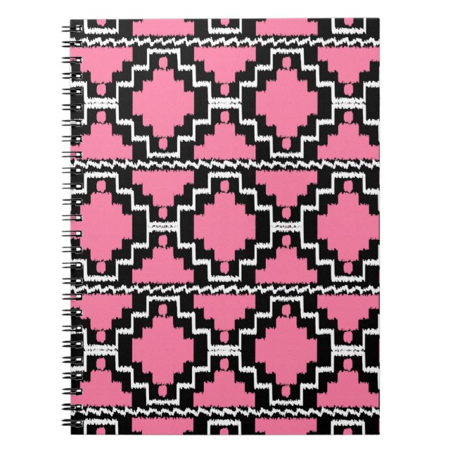 Ikat Aztec Pattern - Fuchsia Pink, Black and White Spiral Notebook (Front)