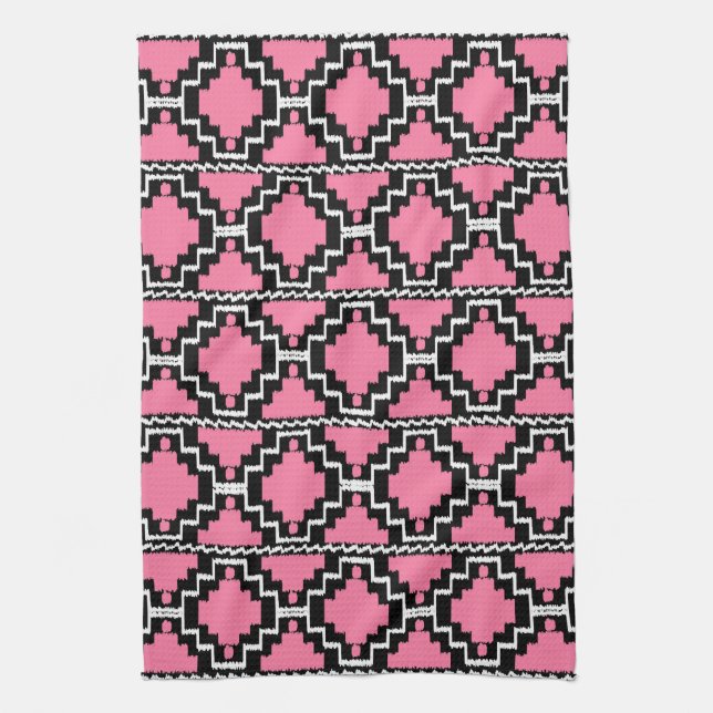 Ikat Aztec Pattern - Fuchsia Pink, Black and White Tea Towel (Vertical)