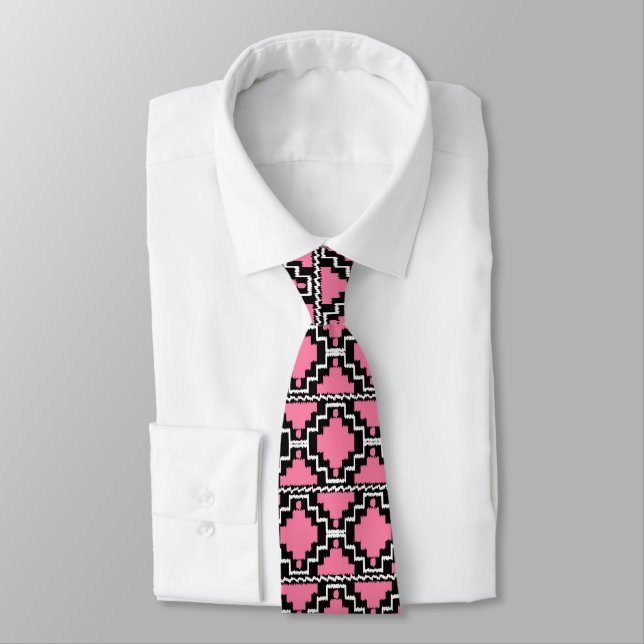 Ikat Aztec Pattern - Fuchsia Pink, Black and White Tie (Tied)
