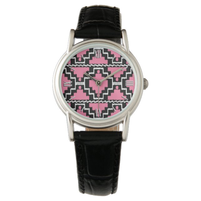 Ikat Aztec Pattern - Fuchsia Pink, Black and White Watch (Front)