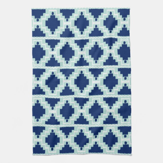 Ikat Aztec Pattern - Indigo and light blue Tea Towel (Vertical)