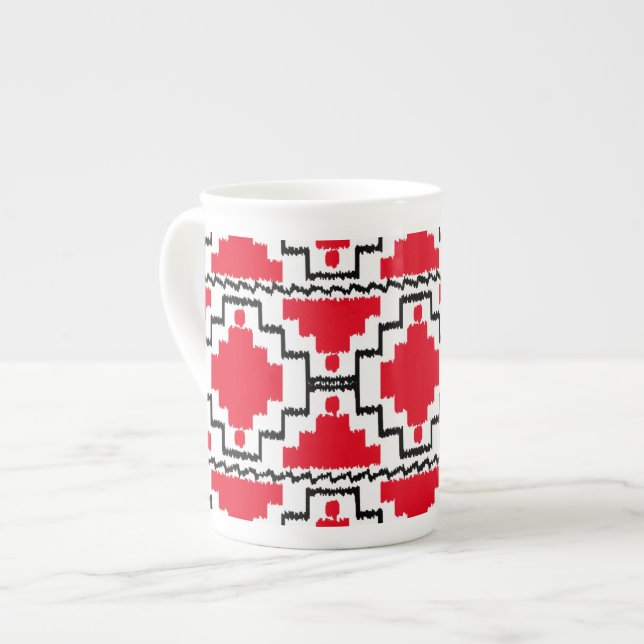 Ikat Aztec Pattern - Red, Black and White Bone China Mug (Front Left)