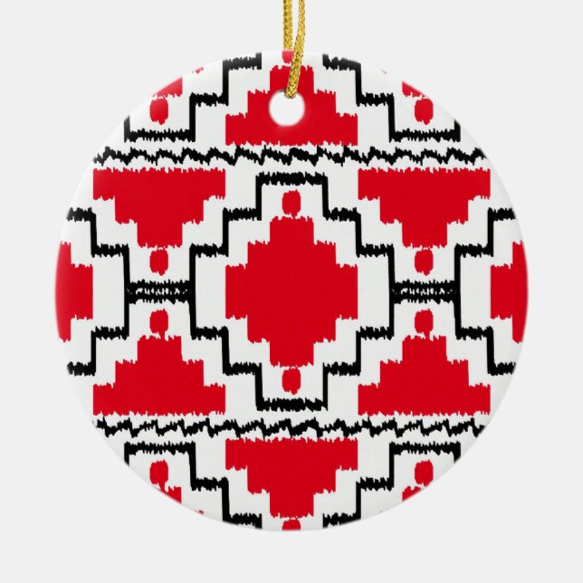 Ikat Aztec Pattern - Red, Black and White Ceramic Tree Decoration (Front)