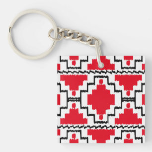 Ikat Aztec Pattern - Red, Black and White Key Ring