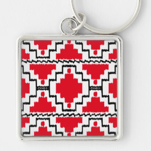 Ikat Aztec Pattern - Red, Black and White Key Ring