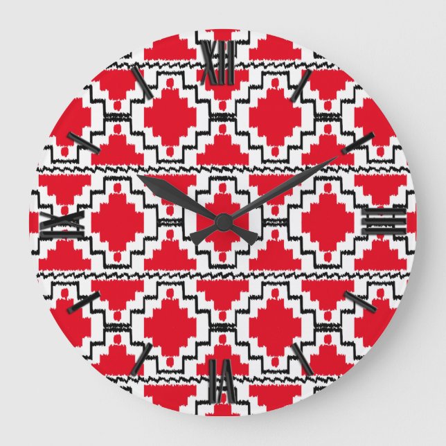 Ikat Aztec Pattern - Red, Black and White Large Clock (Front)