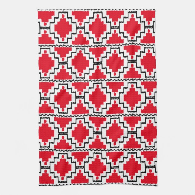 Ikat Aztec Pattern - Red, Black and White Tea Towel (Vertical)