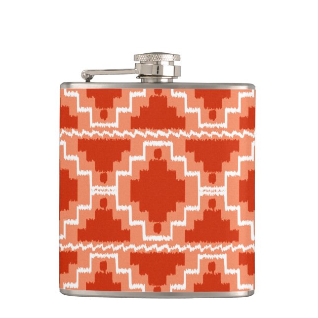 Ikat Aztec Pattern - Rust, Orange and white Hip Flask (Front)