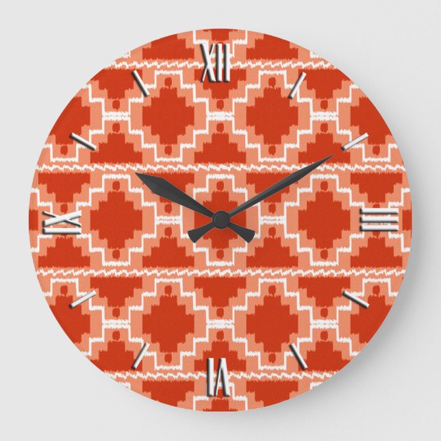 Ikat Aztec Pattern - Rust, Orange and white Large Clock (Front)
