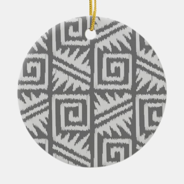 Ikat Aztec Pattern - Shades of Grey / Grey Ceramic Tree Decoration (Front)