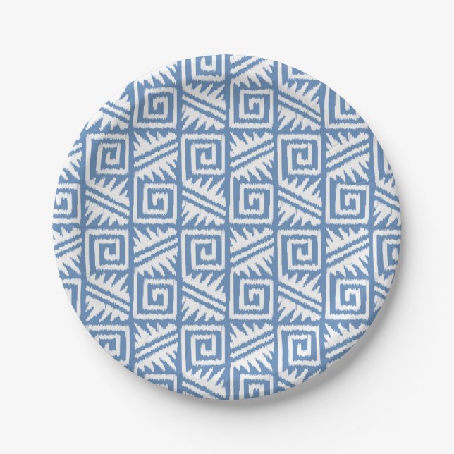 Ikat Aztec Pattern - Sky Blue and White Paper Plate (Front)