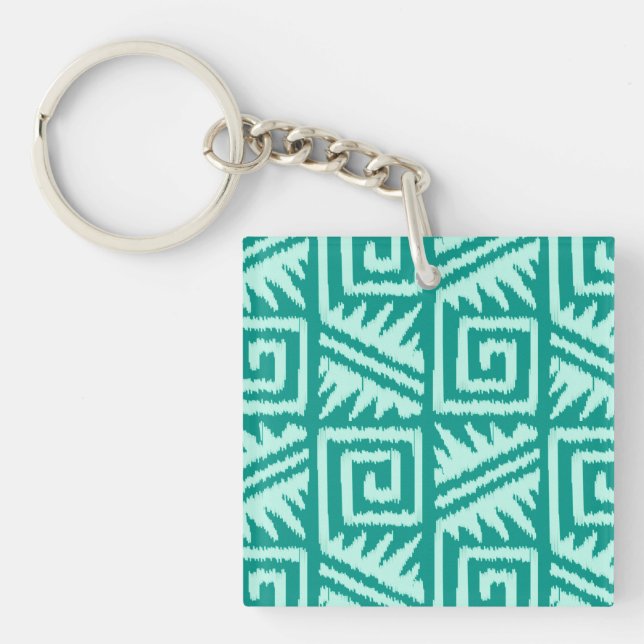 Ikat Aztec Pattern - Turquoise and Aqua Key Ring (Front)