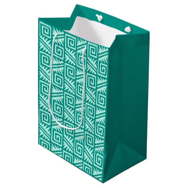 Ikat Aztec Pattern - Turquoise and Aqua Medium Gift Bag (Front Angled)