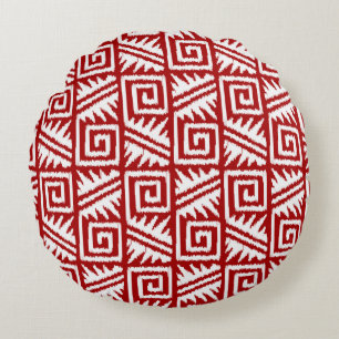 Ikat Aztec Tribal - Dark Red and White Round Cushion