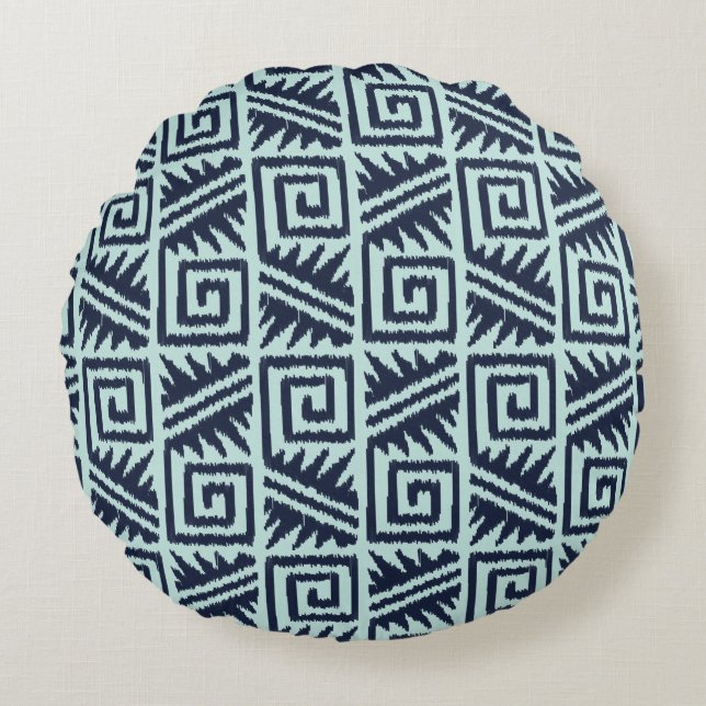 Ikat Aztec Tribal - Indigo and Light Blue Round Cushion (Front)