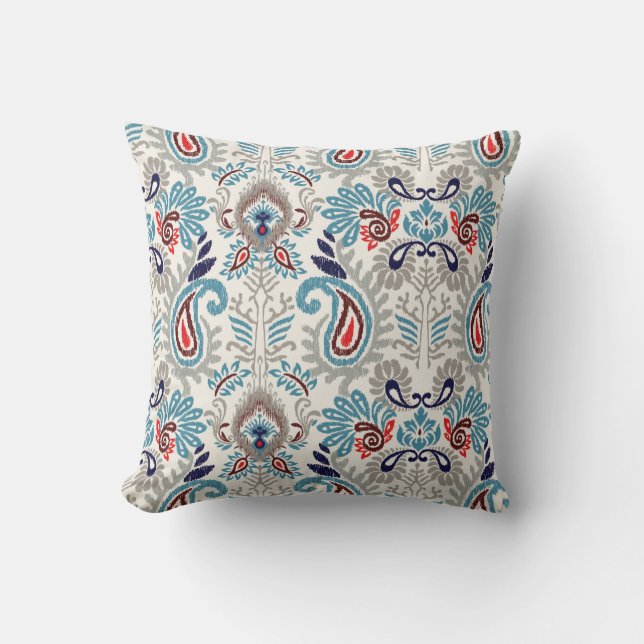 Ikat Boho Navy Blue Turquoise Paisley Design Cushion (Front)