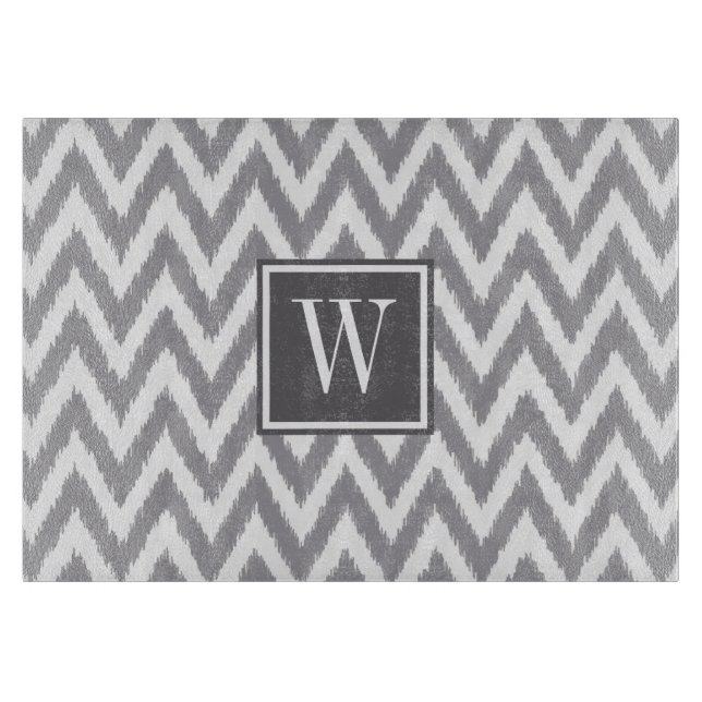 Ikat Chevron Grey Monogram Glass Cutting Board (Front)