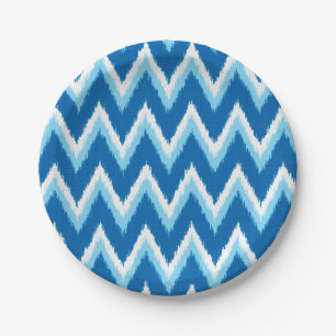 Ikat Chevron Stripes - Cobalt, Sky Blue and White Paper Plate