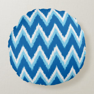 Ikat Chevron Stripes - Cobalt, Sky Blue and White Round Cushion