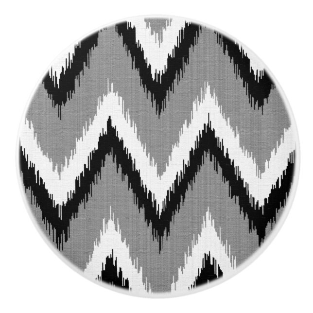 Ikat Chevron Stripes - Grey / Grey, Black & White Ceramic Knob (Front)