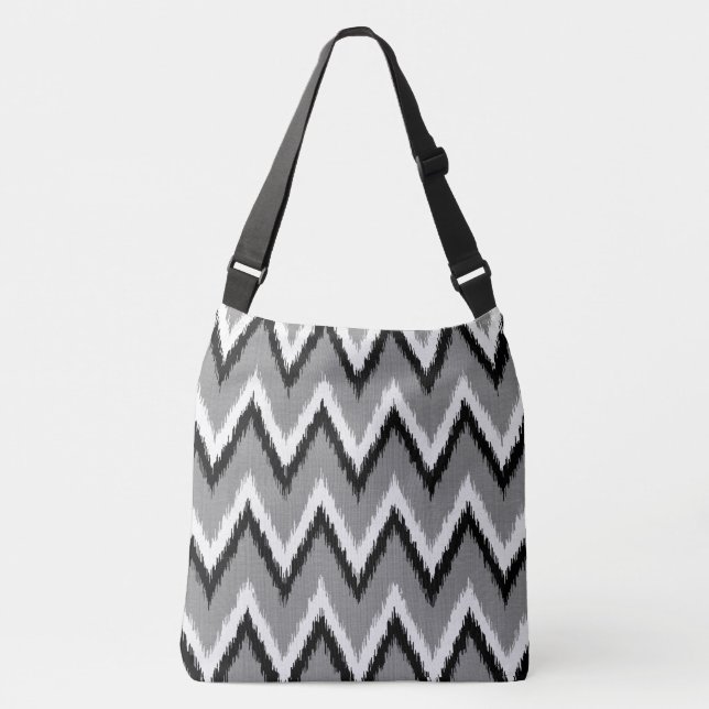 Ikat Chevron Stripes - Grey / Grey, Black & White Crossbody Bag (Front)