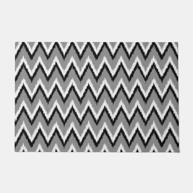 Ikat Chevron Stripes, Grey / Grey, Black & White Doormat (Front)
