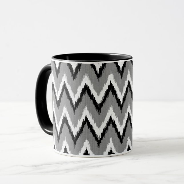 Ikat Chevron Stripes - Grey / Grey, Black & White Mug (Front Left)