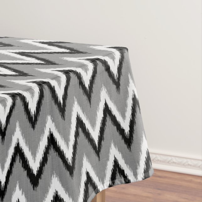 Ikat Chevron Stripes - Grey / Grey, Black & White Tablecloth (In Situ)
